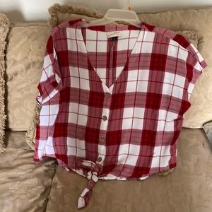 Checkered summer shirt, button front with tie bottom.